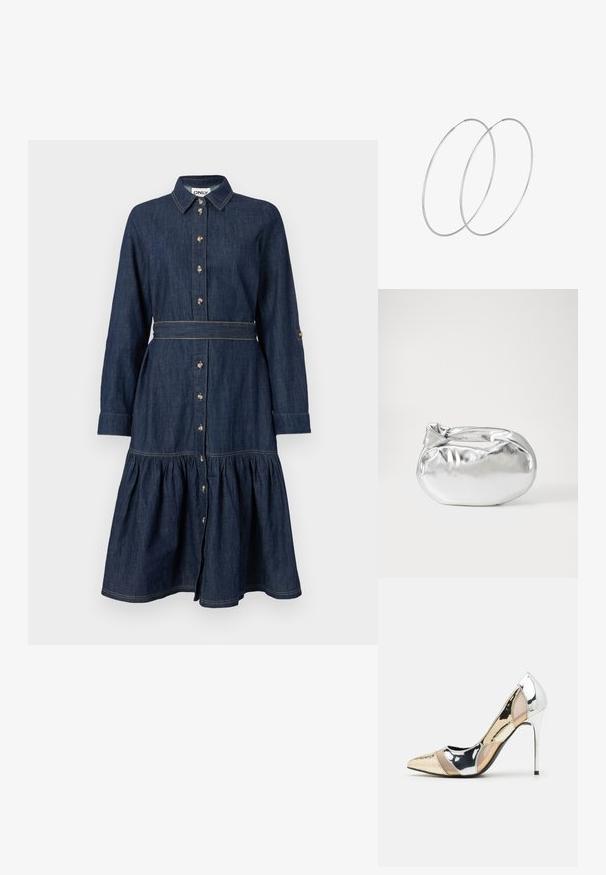 Denim suknelė su apykakle, pilnu mygtukų užsegimu, ilgomis rankovėmis ir sluoksniuota sijonu. Tamsiai mėlynos spalvos su auksinės spalvos mygtukais ir siuvinėjimu.; Aštrus pirštas aukštakulnis batelis su sidabro, aukso ir nuogų spalvų deriniu. Blizgus paviršius su išpjovos dizainu, su stiletto kulnu.; Sidabrinė metalinė maišelio forma su švelnia, apvalia forma ir mazgu užveriamu viršumi. Pagaminta iš lygios dirbtinės odos medžiagos.; Sidabrinės pusmėnulio auskarai minimalistiniu dizainu. Apskritimo forma, lygus paviršius ir plonas profilis. Lengvi su poliruotu apdailu.