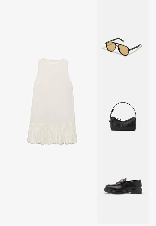 Biała sukienka bez rękawów z falbaną na dole. Gładki, lekki materiał; prosty fason z okrągłym dekoltem i bez widocznych zapięć.; Czarne skórzane loafersy z okrągłym noskiem, ozdobną frędzlem i złotymi detalami. Gruba gumowa podeszwa zapewniająca lepszą przyczepność i trwałość.; Czarne okulary przeciwsłoneczne z brązowymi szkłami; prostokątny kształt z grubą oprawą, z delikatnymi akcentami na zausznikach.; Czarna skórzana torba na ramię o zaokrąglonym kształcie, z zamkiem błyskawicznym i wąskim paskiem. Charakteryzuje się gładką fakturą i subtelnymi stębnowaniami.
