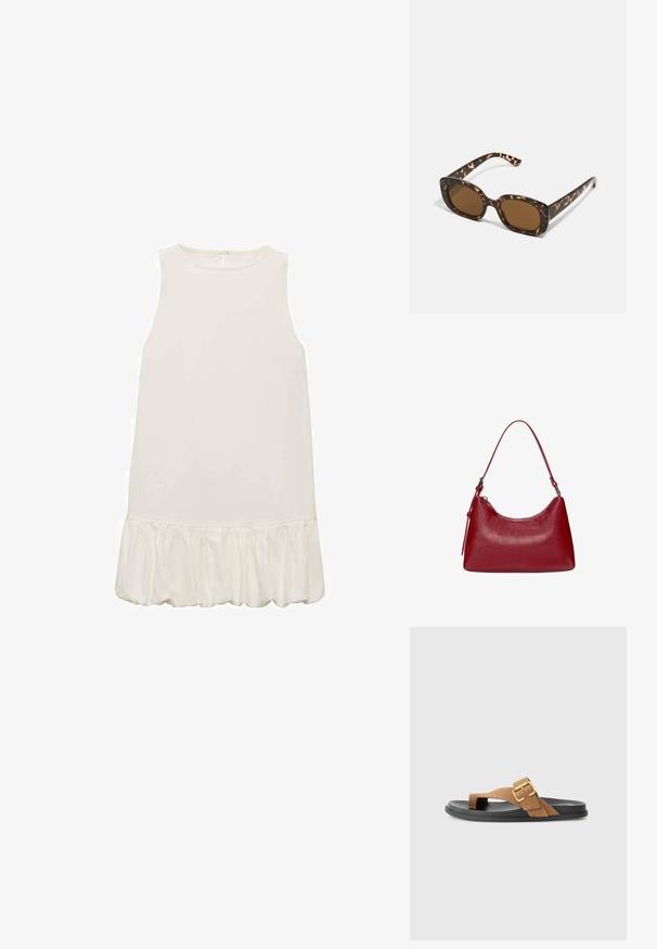 Biele bezrukávové šaty s volánovým lemom. Hladká, ľahká tkanina; jednoduchý dizajn s okrúhlym výstrihom a bez viditeľných zapínaní.; Hnedé semišové sandále so zlatou prackou, vybavené plochou čiernou gumovou podrážkou a dizajnom v štýle tanga. Hladký povrch, minimalistický štýl.; Slnečné okuliare v tortoiseshell štýle s okrúhlym, robustným rámom a hnedými šošovkami. Má jemné vzory a rovné, zoštíhlené ramená.; Červená kožená taška cez rameno s zakriveným dizajnom, hladkou textúrou a zipsovým uzáverom. Obsahuje tenký popruh na nosenie.