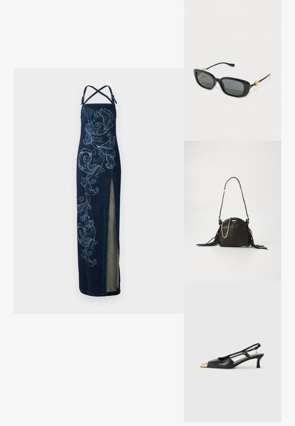 Denim maksi kleita ar krustveida siksnām, kurai ir zili ziedu izšuvumi, sānu šķēlums un pieguļošs siluets. Teksturēta ar gludu apdari.; Melnas ādas sandales ar noslēgtu purngalu un zeltainu metāla uzgali. Iezīmējas ar izgriezumu dizainu un slaidu papēdi ar regulējamu siksnu.; Melnas taisnstūra saulesbrilles ar pelēkiem stikliem un zelta lauvu galvas akcentiem uz kājiņām. Gluda plastmasas rāmja, elegants dizains.; Melnas ādas rokassoma ar apaļu formu, kurai ir frēzu akcenti, garš plecu siksna un zelta ķēdes detaļa.