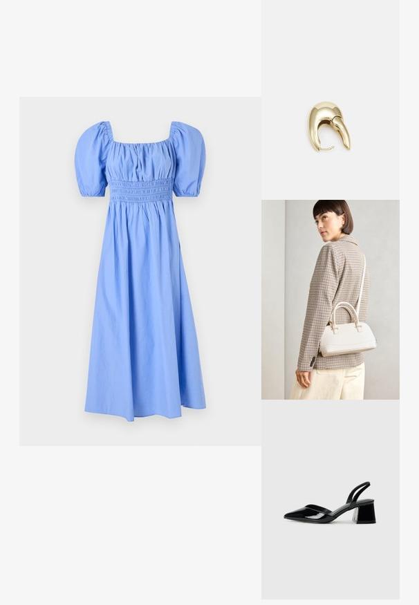 Zila kokvilnas kleita ar kvadrātveida izgriezumu, pūkainām piedurknēm un smockotu krūšu daļu, plūstoši nonākot līdz ceļiem ar gludu tekstūru.; Melna lakota āda ar atvērto papēdi, ar smailu purngalu un ģeometrisku blokpapēdi. Iezīmējas elegants, minimāls dizains un gluda tekstūra.; Balta strukturēta roku soma ar īsām rokturiem un plecu siksnu, ar zelta aparatūras akcentiem un strukturētu materiālu, izstādīta uz pelēka fona.; Zeltīti metāla auskari ar gludu, izliekta dizaina. Ar atšķirīgu smailu formu, pulētu virsmu un eņģu aizdari.