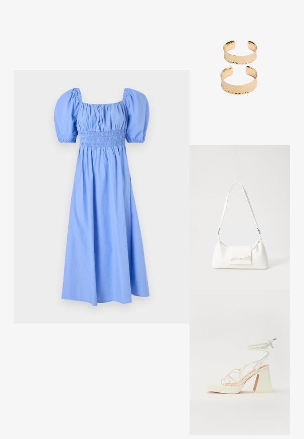 Modrá bavlnená šaty s štvorcovým výstrihom, pufovými rukávmi a smockovaným telesom, prechádzajúce do sukne po kolená s hladkou textúrou.; Biele sandále na vysokom opätku s hrubým podpätkom, s pruhovaným dizajnom a viazaním na členku. Hladký povrch s platformou vpredu pre zvýšenú výšku.; Biela syntetická kabelka s trojuholníkovým tvarom, plochým predným klapkou a detailom mašle, nastaviteľným popruhom, hladkou textúrou a minimalistickým dizajnom.; Zlaté kovové náramky sistí textúrou, s otvoreným dizajnom a hladkými okrajmi. Zobrazené sú dve veľkosti: jedna širšia, druhá užšia.