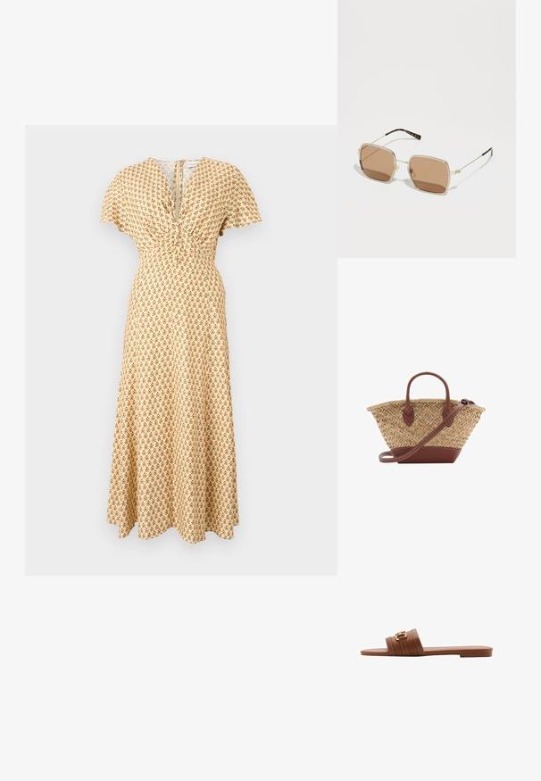Maxi šaty v světle žluté látce s květinovým vzorem v hnědé. Hluboký výstřih s nařasenými detaily a krátkými rukávy. Hladká textura.; Hnědé kožené sandály na ploché podrážce s dvěma širokými pásky, zdobené dekorativním prošíváním a akcentem ve zlatém tónu. Design s plochou podrážkou.; Zlaté sluneční brýle čtvercového tvaru, s hnědými zrcadlovými skly a jemnými zelenými a červenými akcenty na rámu. Tenké, elegantní nožičky.; Tkaný slaměný košík s hnědými koženými akcenty, dvěma uchy a odnímatelným popruhem. Zakřivený tvar se silným dnem.; Náhrdelník v zlatém tónu má hladký povrch a sedm čirých krystalů rovnoměrně rozmístěných podél pásu. Vnitřní strana je opatřena vygravírovaným logem.
