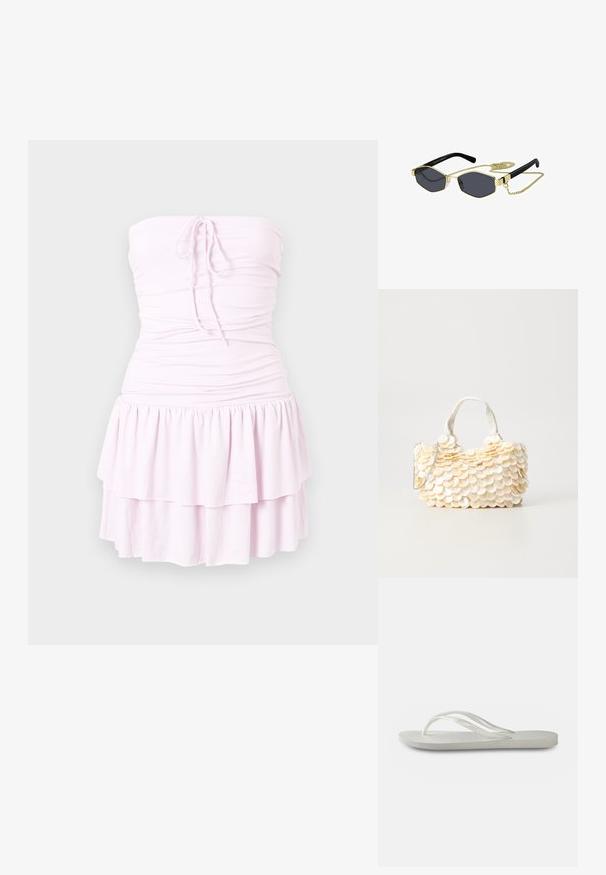 Brezramni svetlo roza mini obleki z nabranim bodicem, z vezanjem na sprednjem delu in dvoplastnim volančastim krilom.; Bela natikača s teksturirano podplatom, koja ima tanke trakice i ravni dizajn. Napravljena od gume s suptilnim logotipom na ulošku.; Oktagonalne sončne naočale s temnimi lečami, zlatimi kovinskimi detajli in črnimi plastičnimi ročaji; vključujejo odstranljivo zlato verigo.; Bela torbica z teksturiranimi, valovitimi okrasnimi elementi, ki spominjajo na školjke. Ima pleteno ročaj in srebrno verižico za prilagodljivost.