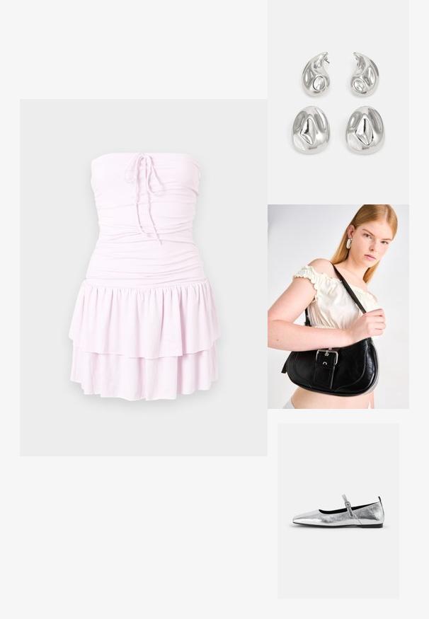 Brezramni svetlo roza mini obleki z nabranim bodicem, z vezanjem na sprednjem delu in dvoplastnim volančastim krilom.; Srebrni metalik baletni čevelj z obliko konic, zankasta trak z nastavljivim sponko, teksturirana površina in minimalistični črni podplat.; Črna usnjena torba za ramo s ukrivljeno obliko, sijoč srebrni okov, in snemljiva oznaka. Gladka tekstura z diskretno šivnimi detajli.; Srebrne uhane, ki vsebujejo dva oblike solzice in dve okrogli obliki, vse z obdelano, odsevnimi površinami in gladko teksturo.