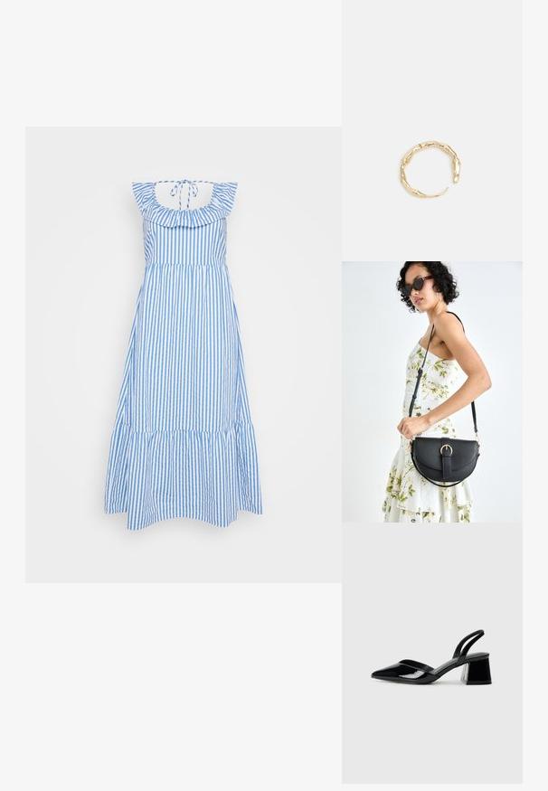 Dryžuota saulės suknelė su mėlynomis ir baltomis vertikaliomis linijomis, volaniniu apykaklės kraštu, raiščio detale gale ir platėjančiu hemu. Pagaminta iš medvilnės mišinės.; Juodos lakuotos odinės šlepetės su smailiu pirštu ir geometriniu bloko kulnu. Turi elegantišką, minimalistinį dizainą ir lygų paviršių.; Juodas odinis krepšys su išlenkta forma, nuimamu dirželiu ir auksiniais detalėmis. Krepšys turi kilpą su sagtimi.; Auksinės spalvos žiedas, turintis organišką, sukimosi dizainą su lygiu paviršiumi ir siaurėjančiais galais, sukuriantis modernią skulptūrinę išvaizdą.