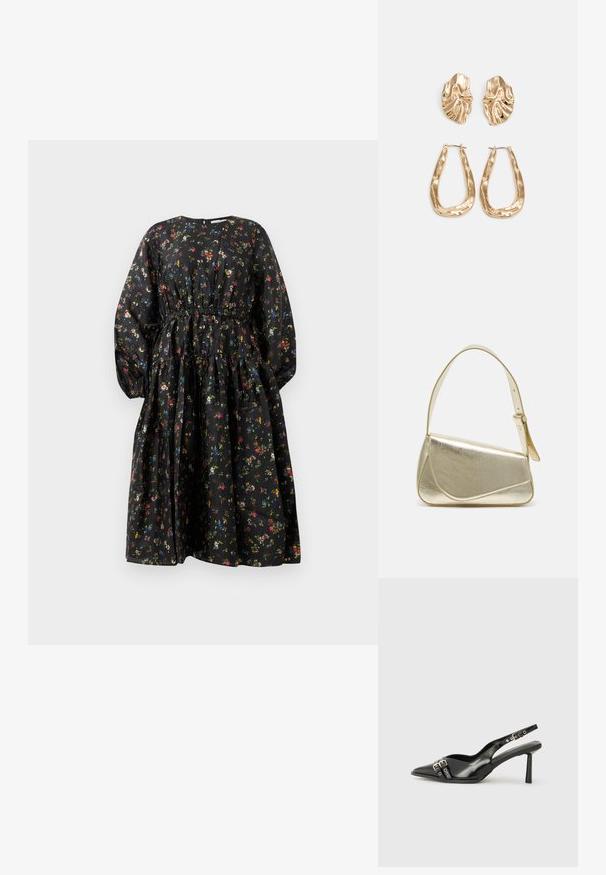 Must lilleline kleit pikkade varrukatega, kogutud vöökohaga ja kihilise seelikuga. Omab värvikat lillemustrit ja siledat kangatekstuuri.; Must musta nahk kingad sanga ja terava ninaga, ankle strapidega, millel on hõbedased pandlad ja riistvara ning õhuke konts.; Kuldmetallist käekott, millel on struktureeritud disain, sile tekstuur ja reguleeritav rihm. Omab ainulaadset kolmnurkset kuju ja minimalistlikku õmblust.; Kuldse värvi kõrvarõngad, mis on kaunistatud tekstuursete ja laineliste kujunditega. Komplektis on skulpturaalsed klamber kõrvarõngad ja avatud rõngasdisain, millel on lõhestatud viimistlus.