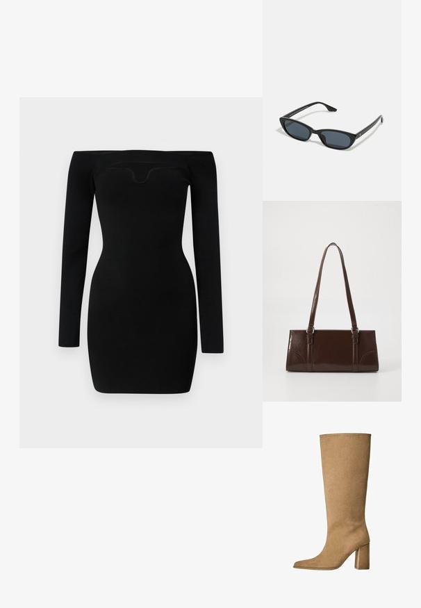 Crna haljina bez naramenica s dugim rukavima, pripijeni kroj, rebrasta tekstura i izrez s zakrivljenim dekolteom.; Bež nubuk čizme do koljena s blok potplatom, s izduženim vrhom i glatkom teksturom. Minimalistički dizajn bez ukrasa.; Crne mačkaste sunčane naočale s tamnim staklima, plastičnim okvirom, uskim stablima i suptilnim oznakama na unutarnjoj strani. Mat tekstura završne obrade.; Smeđa lakirana kožna torba u pravokutnom obliku, s dvije duge ručke i suptilnim zakrivljenim detaljima na prednjoj strani.