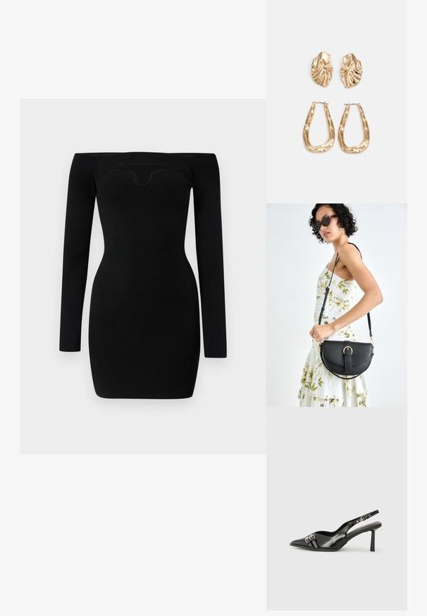 Vestido preto sem mangas nos ombros, com mangas longas, silhueta ajustada, textura canelada e detalhe de decote curvo.; Sapato slingback preto em pele patentada com bico apontado, tiras no tornozelo apresentando fivelas e acessórios prateados, e um salto elegante.; Bolsa de couro preta com forma curva, alça destacável e detalhes em dourado. A bolsa possui uma aba com detalhe de fivela.; Brincos em tom de ouro com formas onduladas e texturizadas. Inclui studs escultóricos com presilha e um design de argola aberta com um acabamento martelado.
