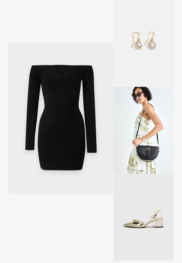 Czarna sukienka na ramiączkach z długimi rękawami, dopasowana sylwetka, faktura ściągaczowa i zakrzywiony dekolt.; Złote, metaliczne szpilki z boku z wydłużonym noskiem i grubym obcasem. Gładka faktura, minimalistyczny design i wąski pasek.; Czarna skórzana torebka o zakrzywionym kształcie, z odpinanym paskiem i złotymi akcentami. Torebka posiada klapę z zapięciem w kształcie klamry.; Złote kolczyki z owalnymi przezroczystymi kryształami otoczonymi mniejszymi przezroczystymi kamieniami, z zapięciem w formie haka zapewniającym bezpieczne noszenie.