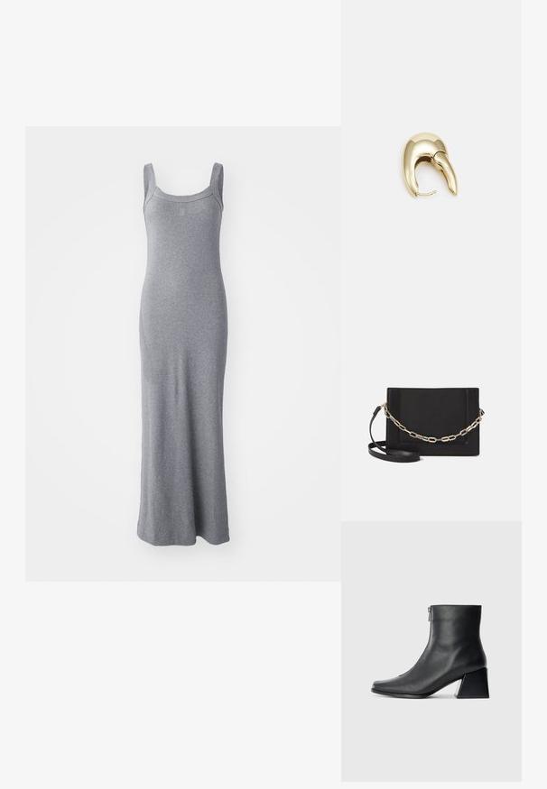 Harmaa ilmanhihoinen maksimekko, joka on valmistettu pehmeästä ja joustavasta kankaasta. Ominaisuuksiin kuuluu pyöreä kaula-aukko ja istuva siluetti, joka ulottuu nilkkoihin saakka.; Mustat nahka nilkkurit, joissa on nelikulmainen kärki, sivuvetoketju ja lohkarekorko, taustalla vaalea yksinkertainen tausta.; Musta nahkainen olkalaukku, jossa on sileä pinta, suorakulmainen muoto ja metalliketju yksityiskohtana edessä. Mukana säädettävä hihna.; Kultahipuinen korvakoru, jossa on sulavalinjainen, kaareva muotoilu. Ominaisuuksiin kuuluu erottuva terävä muoto, kiillotettu pinta ja sarana kiinnitys.