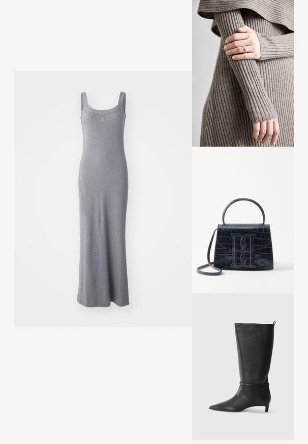 Szara, bezrękawna sukienka maxi wykonana z miękkiego, elastycznego materiału. Charakteryzuje się okrągłym dekoltem oraz dopasowanym krojem, sięgającym do kostek.; Czarne skórzane kozaki do kolan z ostro zakończonym noskiem, ozdobione okrągłym paskiem wokół kostki oraz niskim, zwężanym obcasem. Gładka tekstura.; Czarna torebka z tłoczonej skóry krokodyla o zorganizowanej konstrukcji, z górnym uchwytem, regulowanym paskiem i wyraźnym detalem z logo z przodu.; Prążkowany, beżowy sweter dzianinowy z długimi rękawami. Na rękawie spoczywa dłoń z złotym pierścionkiem, podkreślając teksturę i dopasowanie.