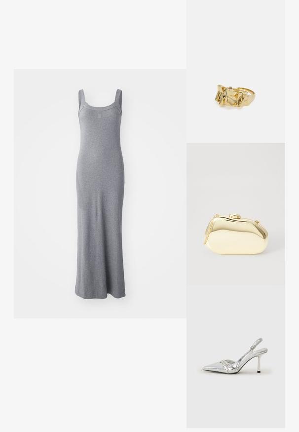 Pilkas be rankovių maksimekstas, pagamintas iš minkštos, tamprios medžiagos. Yra apvalus iškirpimas ir prigludusi siluetas, besitęsiantis iki kulkšnies ilgio.; Sidabriniai slingback aukštakulniai batai su smailia pavadinimu, metaliniu paviršiumi, dviem dekoratyvinėmis juostelėmis ir lieknu kulnu su juodu galiuku.; Metalinis auksinis rankinukas su glotnia, suapvalinta forma, turintis viršutinį mygtuko užsegimą ir mažą grandinėlės dirželį nešiojimui.; Aukso žiedas su tekstūruotu, banguotu dizainu, turintis tris iškilias viršūnes. Lygus, blizgus paviršius su atviromis juostelėmis, leidžiančiomis reguliuoti dydį.