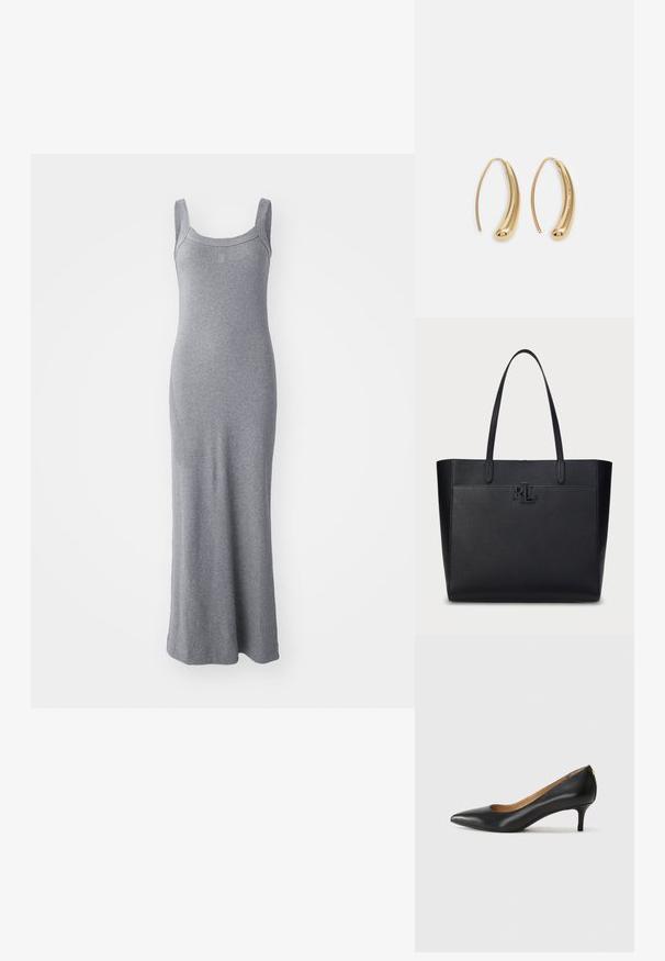 Vestido maxi cinza sem mangas, feito de um tecido macio e elástico. Apresenta um decote redondo e uma silhueta justa, estendendo-se até o comprimento dos tornozelos.; Sapato de salto alto em pele preta com bico fino, salto baixo e textura suave. Apresenta uma ligeira abertura na parte da frente e mínima ferragem na parte de trás.; Carteira tote preta em couro com superfície texturizada, alças duplas e logótipo "RL" embossado na frente. Forma retangular, design minimalista.; Brincos em metal dourado com forma de arco alongado e curvado. Apresentam uma superfície lisa e brilhante, com uma ponta arredondada para um detalhe adicional.