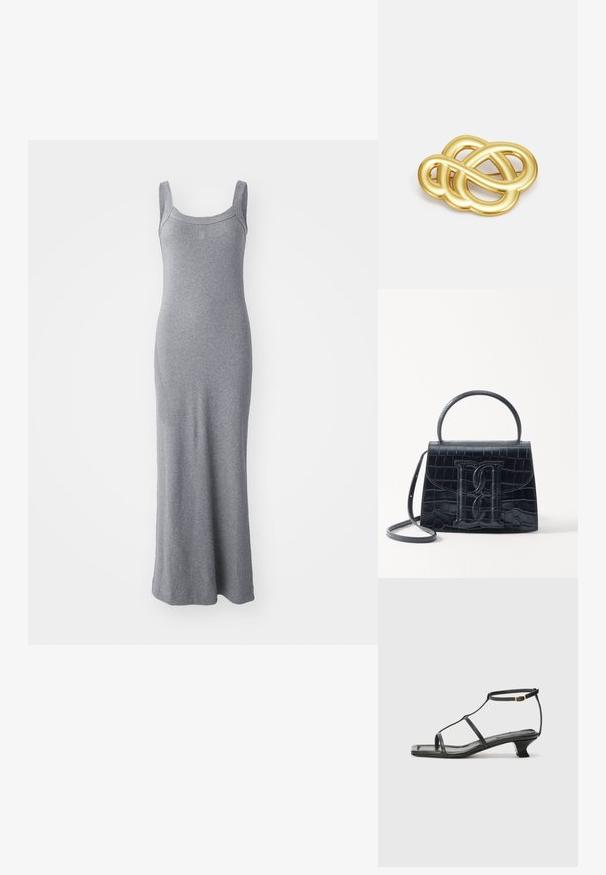 Gray sleeveless maxi dress made of soft, stretchy fabric. Features a round neckline and a fitted silhouette, extending to ankle length.; Black leather sandal with a square toe, thin straps, adjustable ankle strap, and a low heel. Features a small gold accent on the strap.; Black crocodile-embossed leather handbag with a structured design, top handle, adjustable strap, and a prominent front logo detail.; Gold-tone brooch featuring a knotted design with smooth, curved lines and an intricate shape, reflecting a polished finish.