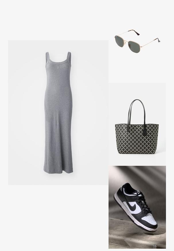 Siva haljina bez rukava maxi dužine od mekanog, rastezljivog materijala. Ima okrugli izrez i prilagođeni kroj koji seže do gležnjeva.; Crno-bijeli Nike Dunk Low tenisice s kožnim gornjištem, perforiranim prednjim dijelom, crnim vezicama, s bijelim đonom i logom.; Naočale s metalnim okvirom u zlatnoj boji i tamnozelenim lećama, avijatičarskog stila, sa tankim drškama i kornjačevim naglascima na vrhovima.; Tote torba u crno-bijelim uzorcima s dugim ručkama, koja ima geometrijski dizajn, glatku teksturu i malu pričvrsnu oznaku.