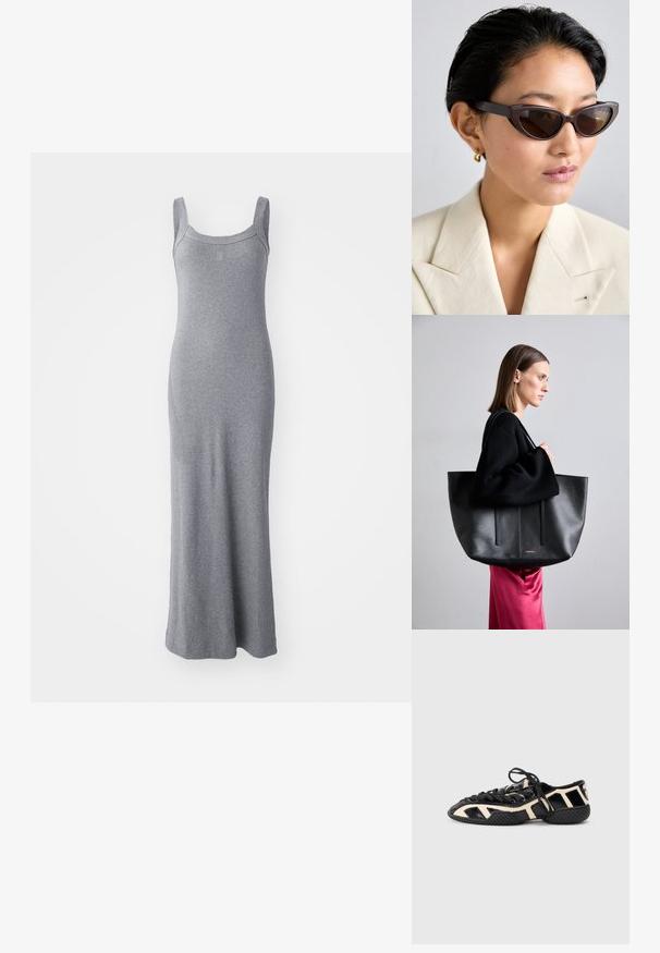 Grå, ermeløs maxikjole laget av myk, elastisk stoff. Den har rund hals og en tettsittende silhuett som går ned til ankelen.; Svart og kremfarget sportssko med en teksturert overdel, med utskjærte design, lisser og en rilleformet såle for grep.; Brune cat-eye solbriller med mørke linser, med tykke stel og glat tekstur, parret med en beige blazer og guld hoops ørering.; Svart lær totebag med teksturert finish, med to vertikale linjer, doble skulderstropper og et minimalistisk design.