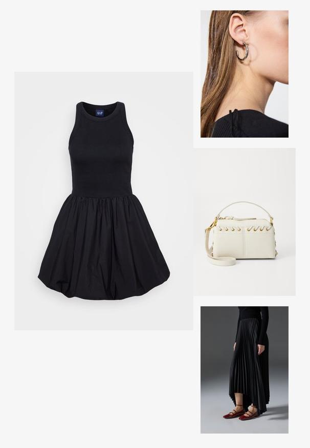 Musta olkaimeton mekko, jossa on tiukka ribbikuvioinen yläosa ja levenevä, poimutettu hame, valmistettu kevyestä kankaasta. Yksinkertainen ja monipuolinen muotoilu.; Musta pleatattu hame, jossa on korkea-matala helma, yhdistettynä kiiltäviin punaisiin ballerinoihin, joissa on nauhasuunnittelu. Kangas on sileä.; Valkoinen keinonahkainen käsilaukku, jossa on ylhäältä avattava vetoketju, lyhyt kahva ja irrotettava olkahihna, jossa on kultaset yksityiskohdat. Sivupitsitys.; Hopea renkaankorvakoru kiiltävällä pinnalla, jossa on pieniä kultaisia yksityiskohtia ja pyöreä muoto, käytetty korvalla.