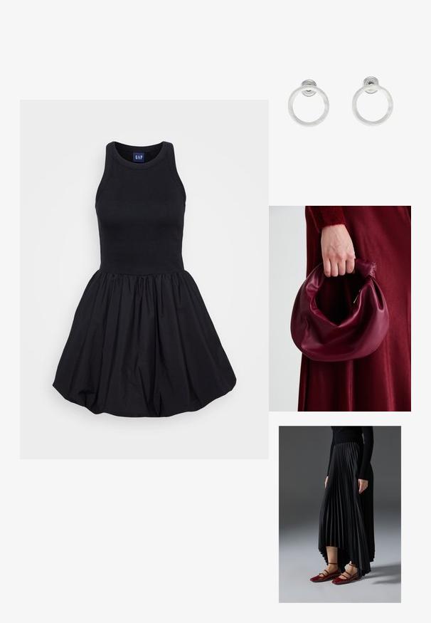 Czarna sukienka bez rękawów z dopasowanym prążkowanym górnym fragmentem i rozkloszowanym, marszczonym dołem, wykonana z lekkiego materiału. Prosty i uniwersalny design.; Czarna plisowana spódnica z asymetrycznym dołem, zestawiona z błyszczącymi czerwonymi balerinkami z paskiem. Tkanina ma gładką teksturę.; Bordowa skórzana torebka o miękkim, marszczonym wyglądzie i zaokrąglonym kształcie. Uchwyt jest zabezpieczony, co podkreśla gładką fakturę.; Srebrne metalowe kolczyki w kształcie obręczy z matową teksturą, z okrągłym wzorem i przezroczystym zapięciem typu post, zapewniającym bezpieczne noszenie.