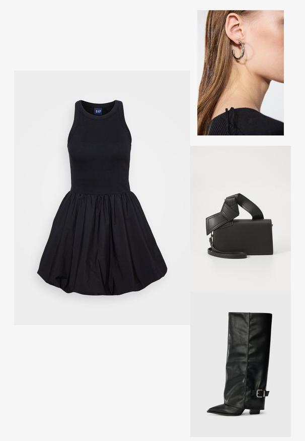 Černé šaty bez rukávů s přiléhavým žebrovaným topem a rozšířenou, nabíranou sukní, vyrobené z lehké látky. Jednoduchý a univerzální design.; Černé kožené kotníkové boty až po kotníky s špičatou špičkou, hladkým povrchem a stříbrnou sponou na boku. Masivní čtveritý podpatek.; Černá kožená taška v obdélníkovém tvaru, vybavená jedinečnou uzlovou rukojetí a odnímatelným ramenním popruhem. Hladký povrch a minimální švy.; Stříbrný kruhový náušník s lesklým povrchem, zdobený malými zlatými akcenty, v kulatém tvaru, nošený na lalůčku.