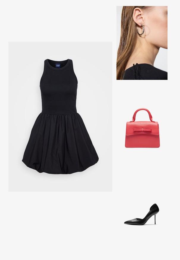 Musta olkaimeton mekko, jossa on tiukka ribbikuvioinen yläosa ja levenevä, poimutettu hame, valmistettu kevyestä kankaasta. Yksinkertainen ja monipuolinen muotoilu.; Mustat nahkaiset stiletto-korkokengät, joissa on terävä kärki ja leikattuja sivuja. Sileä pinta ja korkea, hoikka korko luovat elegantin siluetin.; Punainen nahkalaukku, jossa on jämäkkä muotoilu, ylhäällä kantokahva ja edessä nauhakoriste. Sileä pinta ja tikatut reunat.; Hopea renkaankorvakoru kiiltävällä pinnalla, jossa on pieniä kultaisia yksityiskohtia ja pyöreä muoto, käytetty korvalla.