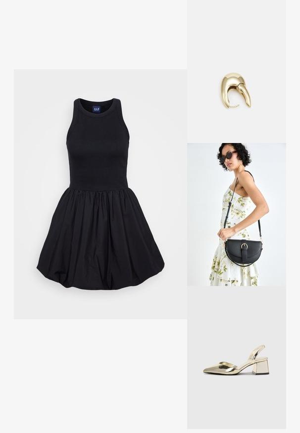 Svart ärmlös klänning med en figurnära ribbad topp och en utsvängd, samlad kjol, tillverkad av lättviktsmaterial. Enkelt och mångsidigt design.; Guld, metalliska slingback-klackar med spetsig tå och chunky klack. Slät textur, minimalistisk design och en smal rem.; Svart läderhandväska med en böjd form, avtagbar rem och guldiga detaljer. Väskan har ett lock med en spänndetalj.; Örhänge i guldtonad metall med en elegant, böjd design. Har en distinkt spetsig form, polerad yta och gångjärnslås.