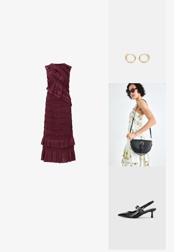 Suknelė be rankovių bordo spalvos su sluoksniuotomis volanais ir raukšlėta tekstūra, turinti prigludusią liemenę ir išplatintą apatinę dalį.; Juodai lakuoti slingback aukštakulniai su smailiu kojų pirštu ir mažais blokiniais kulniukais, su sidabro sagtimi ant dirželio.; Juodas odinis krepšys su išlenkta forma, nuimamu dirželiu ir auksiniais detalėmis. Krepšys turi kilpą su sagtimi.; Auksiniai auskarai su sklandžiu, apvaliu dizainu. Savybės: mažas uždarymo mechanizmas, lengvas įvaizdis ir poliruotas paviršius.