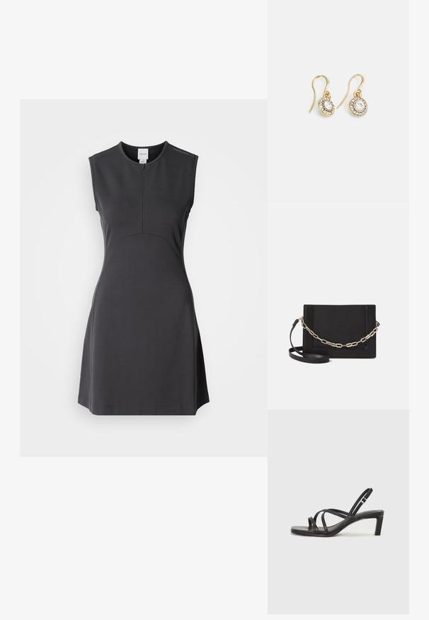 Crna haljina bez rukava napravljena od glatke tkanine, s visokim izrezom, prednjim zatvaračem i prilagođenim gornjim dijelom s raširenim rubom.; Crne sandale s trakama, kvadratnim prstom i niskom blok petom. Ima više tankih trakica i podesivu trakicu oko gležnja. Izrađene su od glatke kože.; Crna kožna torba preko tijela s glatkom teksturom, pravokutnim oblikom i metalnim lancem na prednjoj strani. Uključena je podesiva naramenica.; Zlatne naušnice s ovalnim prozirnim kristalima okruženim manjim prozirnim kamenčićima, s dizajnom na kuku za sigurno nošenje.