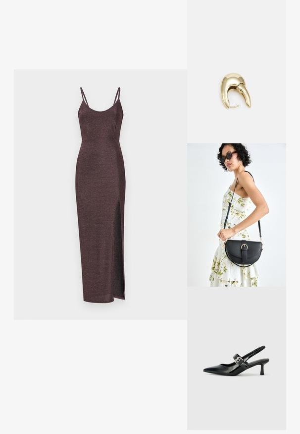 Lesklé bordó maxi šaty s tenkými ramienkami, priliehavým strihom a bočným rozparkom pre zvýraznenie detailu. Jemná, textúrovaná látka.; Čierne patentové kožené sandále na podpätku so špicatou špičkou a malým blokovým podpätkom, s dekoratívnou striebornou sponou na remienku.; Čierna kožená kabelka s zaobleným tvarom, odnímateľným popruhom a zlatými doplnkami. Kabelka má klopu s detailom s prackou.; Náušnice z kovu v zlatej farbe s elegantným, zakriveným dizajnom. Majú charakteristický špicatý tvar, leštený povrch a uzáver na pánt.