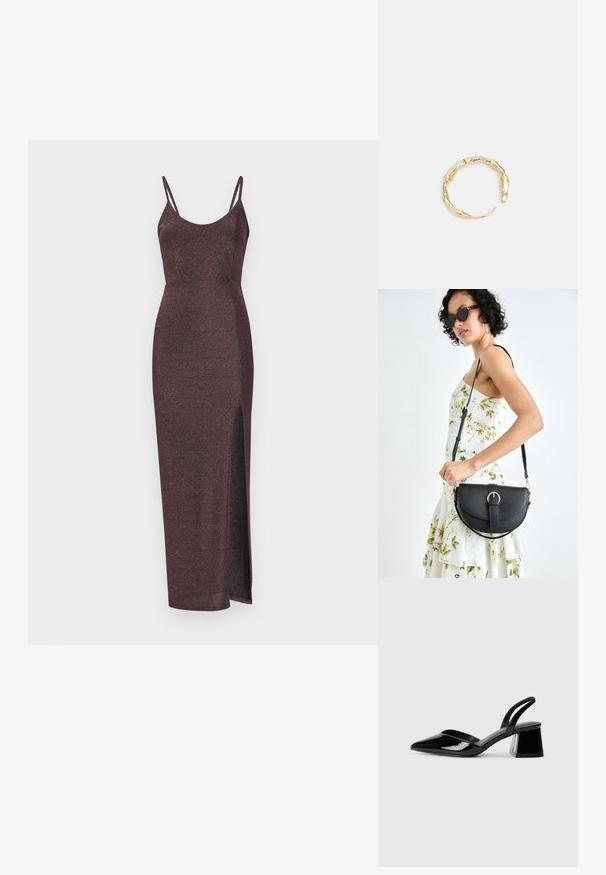 Sädele burgundi värvi maxi kleit õhukeste spagettitrukkide, kehakuju järgiva silueti ja küljeskaalaga, et lisada detaili. Pehme, tekstuuriga kangas.; Mustad musta lakknahk kingad, millel on terav varvas ja geomeetriline plokkkonts. Omab elegantselt minimalistlikku disaini ja sujuvat tekstuuri.; Mustmust mustraha kõverate joontega, eemaldatava rihmaga ja kuldsete detailidega. Kotil on klapp, millel on pandladetail.; Kuldtoonis sõrmus, millel on orgaaniline, keerdunud disain sileda tekstuuri ja kitsenevate otstega, luues kaasaegse skulptuurilise välimuse.