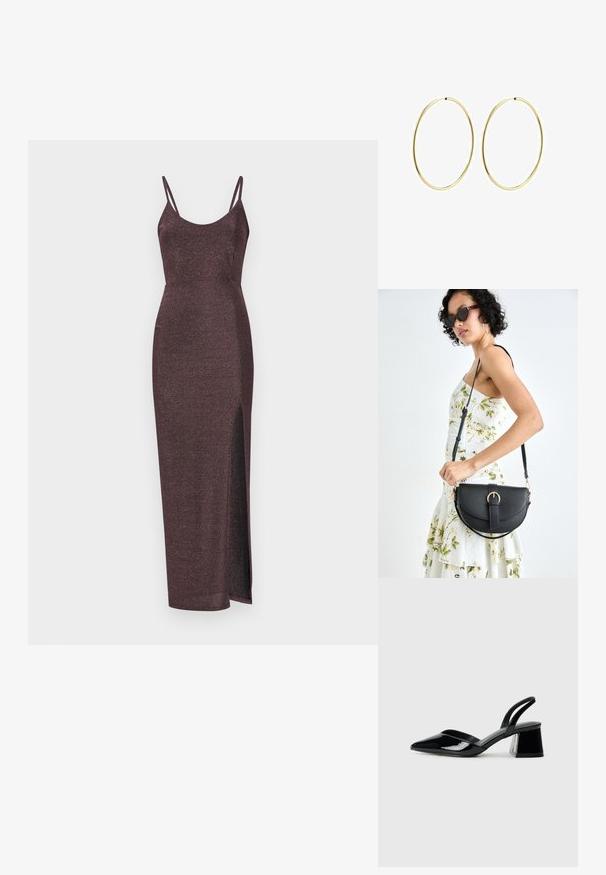 Blizgus bordo spalvos ilgasis suknelė su plonomis spaghetti juostelėmis, apgludusi siluetas ir šoninė išpjova papildomam akcentui. Minkšta, tekstūruota medžiaga.; Juodos lakuotos odinės šlepetės su smailiu pirštu ir geometriniu bloko kulnu. Turi elegantišką, minimalistinį dizainą ir lygų paviršių.; Juodas odinis krepšys su išlenkta forma, nuimamu dirželiu ir auksiniais detalėmis. Krepšys turi kilpą su sagtimi.; Aukso žiediniai auskarai su lygiu, suapvalintu dizainu. Ploni ir lengvi, su nuolatiniu kilpeliu be jokio papuošimo.