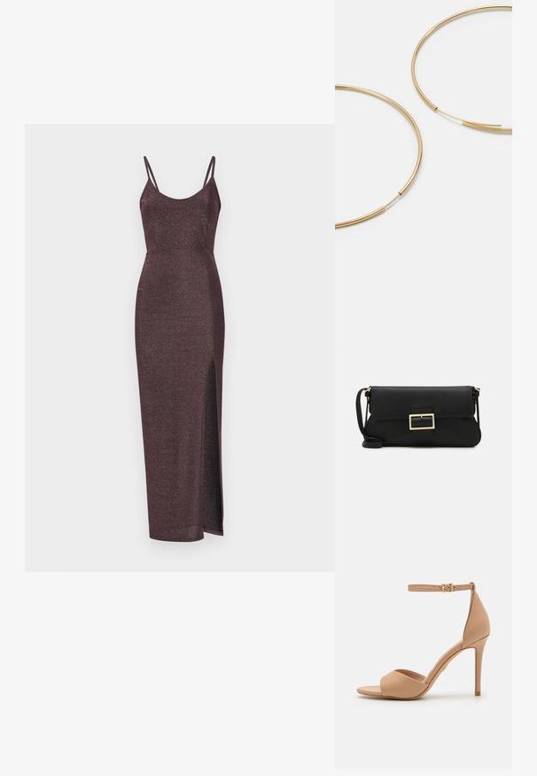 Mirdzoša burgundijas krāsas maxi kleita ar plāniem spageti siksniņām, piegulošu siluetu un sānu izgriezumu papildus detaļām. Mīksta, strukturēta auduma.; ALDO CRERIDE PILLOW WALK - Sandales - beige; Melnas ādas saķeres soma ar atloku un zelta metāla sprādzi. Ietver melnu siksnu un elegantu, minimālistisku dizainu.; Zelta krāsas auskari gredzena formā, plāni un apaļi, ar gludu metāla apdari un bez rotājumiem vai zīmējumiem.