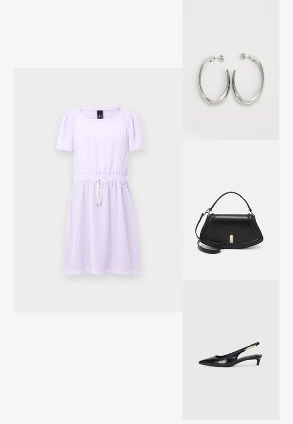 Lilac short-sleeve dress with gathered waist and drawstring detail, made from a soft, lightweight material. Features a square neckline.; Black leather slingback heels with a pointed toe, featuring a slim heel and a gold-tone accent on the adjustable strap. Smooth texture.; Black leather handbag with a structured design, featuring a cropped shape, top handle, and gold hardware accent. Adjustable shoulder strap included.; Silver hoop earrings with a smooth, curved design. Features a shiny metallic finish and stud closure. No visible patterns or accents.