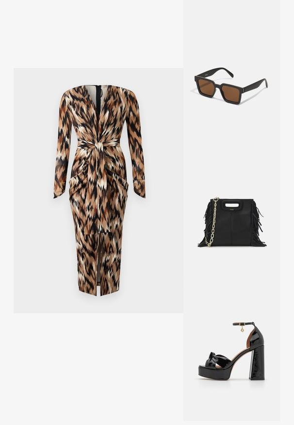 Diane von Furstenberg HADES DRESS - Kokteiļkleita/ballīšu kleita - camel; Maje Augstpapēžu sandales - noir; Melni kvadrātveida saulesbrilles ar brūniem lēcām, ar matētu apdari un zelta akcentiem uz rāmja. Dizains ir leņķisks ar plats rokām.; Melna ādas rokassoma ar frizūras detaļām, zelta ķēdes plecu siksnu un izgrieztu rokturi. Ir logotipa novietojums priekšpusē.
