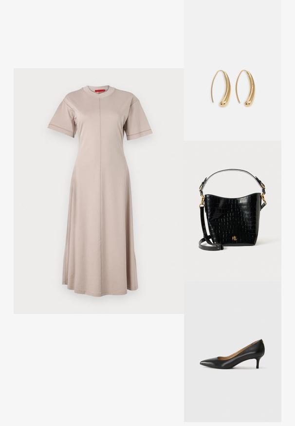 Šviesiai ruda medvilnės mišinuko suknelė su trumpomis rankovėmis, apvaliu iškirpimu, vertikaliomis siūlėmis ir praplatintu sijonu. Minkšta medžiaga su lygiu paviršiumi.; Juodos odinės aukštakulnės bateliai su smailiu nosiu, žemu kulnu ir lygiu paviršiumi. Priekyje yra nedidelis atvirumas, o gale minimalus apdaila.; Juodas krokodilo rašto odinis krepšys su lenkta forma, auksiniais aksesuarais, reguliuojama juosta ir logotipo detale priekyje.; Auksinės metalinės auskarų kabės su lenktą, pailgą forma. Turi lygų, blizgantį paviršių ir užapvalintą galiuką papildomam akcentui.