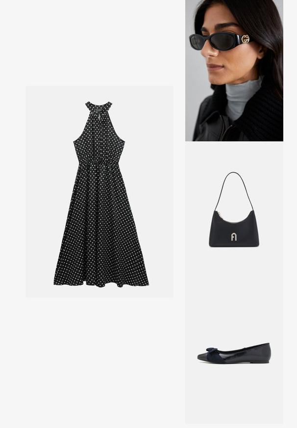 Schwarzes Neckholder-Kleid mit weißen Tupfen, tailliertem Bund und fließendem Rock. Hergestellt aus einem weichen Stoff mit glatter Textur.; Marineblaue Ballettschuhe mit glänzendem Lackfinish und einem strukturierten Wildlederschleifen-Detail an der Zehe, ausgestattet mit einer abgerundeten Zehenpartie und flacher Sohle.; Schwarze Sonnenbrille mit einem schlanken rechteckigen Rahmen und einem goldenen Logo-Akzent an der Seite. Dunkle Gläser und glänzende Oberfläche sind auffällig.; Schwarze Schultertasche aus glattem Material, mit geschwungener Form, goldenem Reißverschluss und einem goldenen, geprägten Logo-Akzent auf der Vorderseite.