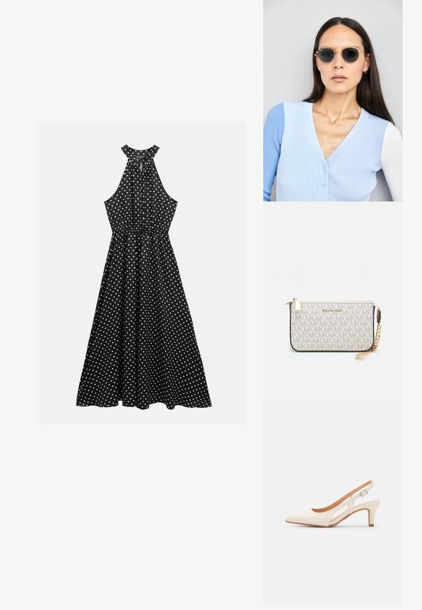 Mustmust lõpetu riietus valgete täppidega, kitsas vöökoht ja voolav seelikuosa. Valmistatud pehmest kangast, millel on sile tekstuur.; Valge slingback konts, terava ninaga, siledast ülemisest materjalist, madala ploki kontsaga ja külgse nähtavusega ning reguleeritava pandla rihmaga.; Ringikujulised prillid tumedate läätsede ja kullast raamiga. Mudel on selga pannud helesinise soonikuga kardigani, millel on nupud ja kontrastsed valged varrukad.; Michael Korsi randmevõru beige kaetud kangast, millel on korduv MK logo muster, kuldne riistvara ja eemaldatav ahelistrap.