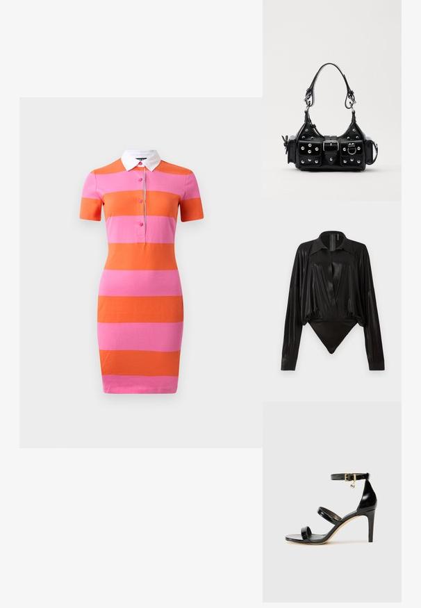 Polo haljina s horizontalnim prugama u ružičastoj i narančastoj, kratkim rukavima, bijelim ovratnikom i prednjim pomičnim kopčanjem. Glatka tekstura tkanine.; Crni bodi s dugim rukavima, V-izrezom i prilagođenim siluetom. Izrađen od sjajnog, glatkog materijala s strukturiranim ovratnikom i manžetama.; Crne lakirane kožne sandale s tri trake, kopčom na zapešću i potpeticom od 10 cm. Sadrže zlatne detalje i privjesak s logotipom.; Crna kožna torba s zakrivljenim dizajnom, koja sadrži srebrne zakovice, kopču i dva bočna džepa. Podesiva traka za različite opcije nošenja.
