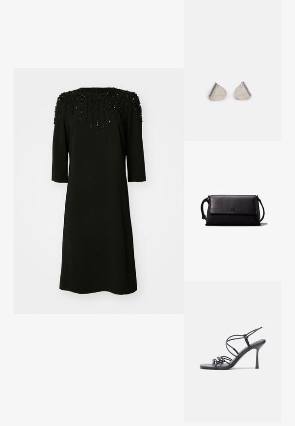 Musta mekko, jossa on pyöreä pääntie ja kolmanneksen pituiset hihat. Yläosassa on helmiäisviimeistelyä, joka on aseteltu pystysuoraan kuosiin.; Mustat korkokengät sandaalit, joissa on ohuet hihnat solmittuna, sileä neliön muotoinen varvasosa ja tyylikäs stiletto-korko.; Musta nahkainen clutch-laukku, jossa on suorakulmainen muoto, sileä pinta, litteä läpän sulkumekanismi ja pieni kahva sivussa. Mukana hienovarainen logo.; Hopea metalliset korvakorut, joissa on sileä, pisaramainen muoto ja kiillotettu pinta. Huomaamattomat kaiverrukset lisäävät yksityiskohtia. Minimalistinen muotoilu.
