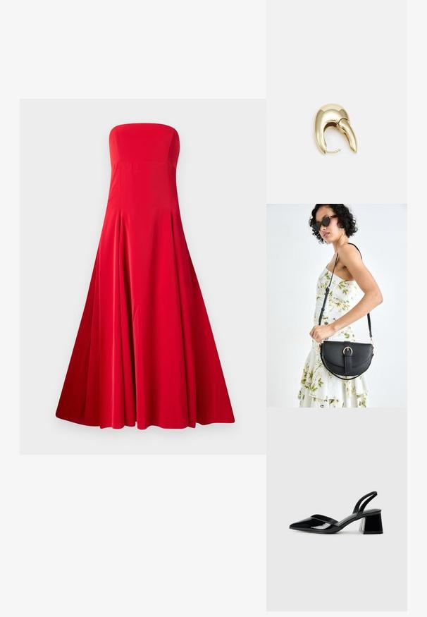 Pánt nélküli piros ruha, testhez simuló felsőrésszel és széles, lebegő szoknyával. Simító anyagból készült, redőzött kivitelben a mozgás érdekében. Nincsenek látható záródások.; Fekete lakk bőr szandálkés magas sarkú cipő, hegyes orral és geometrikus tömbsarkakkal. Karcsú, minimalista dizájn és sima textúra jellemzi.; Fekete bőrtáska ívelt formával, levehető pánttal és arany színű fémrészekkel. A táskán egy csattal díszített fedél található.; Aranyszínű fém fülbevaló, elegáns, ívelt formával. Különleges hegyes alak, fényes felszín és zsanéros záródás jellemzi.