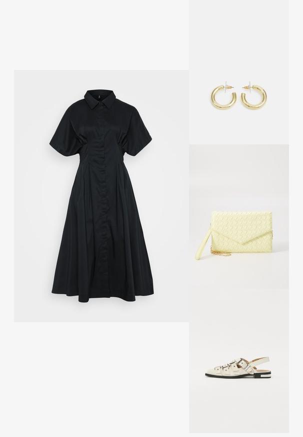 Vestido preto com mangas curtas e largas, frente abotoada e saia completa com pregas. Feito de um tecido liso e leve.; Sandálias slingback em couro branco com várias tiras largas e fivelas prateadas; sola plana com um pequeno salto preto e detalhes metálicos.; Bolsa carteira amarela de palha com um design de aba, uma alça de pulso destacável e um destaque em corrente dourada. Textura suave e forma retangular.; Brincos em argola dourados com um acabamento liso e brilhante. Design circular com um pequeno pino e suporte transparente para um uso seguro.