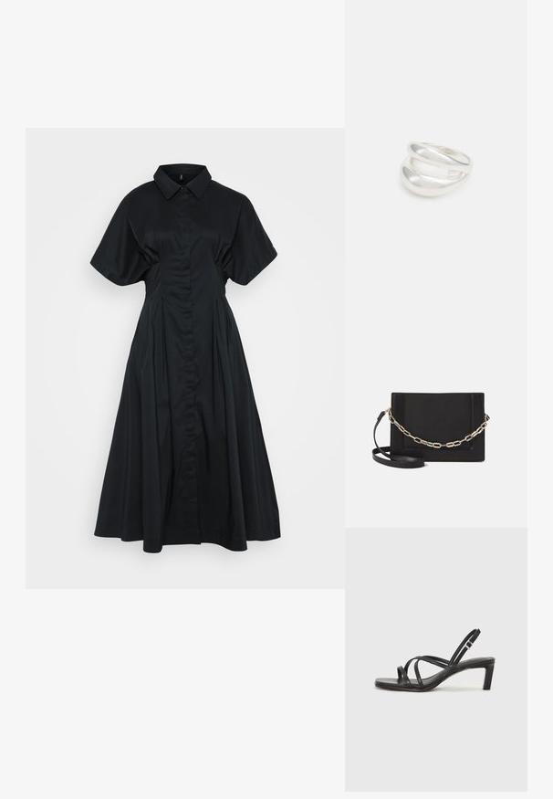 Svart skjortklänning med korta, vida ärmar, knäppning fram och en full, plisserad kjol. Tillverkad av ett mjukt, lätt tyg.; Svart sandaler med remmar och fyrkantig tå samt låg blockklack. Har flera tunna remmar och en justerbar ankelrem. Tillverkad av mjukt läder.; Svart läder crossbody-väska med en slät yta, rektangulär form och metallickedjedetalj på framsidan. Justerbar rem ingår.; Silver ring med dubbel band och en slät, polerad yta. Har en flödande, böjd design med överlappande sektioner för en modern stil.