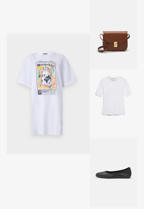 Valge puuvillane üle mõõdu t-särk, millel on värviline graafiline print pagasitoolist koos maapalliga, tekst ja julged kontuurid. Lühikesed varrukad.; Valge lühikeste varrukatega T-särk ribatud kangast. Ümara kaelusega, tavalisest sobivusest ja peente õmbluse detailidega. Ilma mustrite või graafikateta.; Musthave mustika tantsutossud mustast nahast, ümmarguse varbaga, siledast tekstuurist, minimaalse õmblusdetailiga ja paindliku tallakujundusega.; Pruunist nahast käekott, millel on klapiga sulgur, kuldne riistvara, õlarihm ja sile tekstuur. Kompaktne ristkülikukujuline vorm.