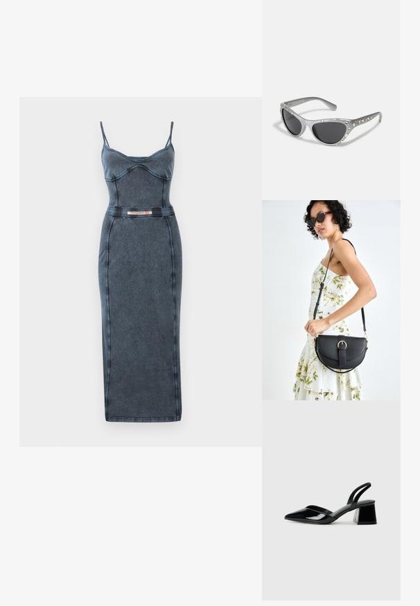 Testhez simuló farmerruha vékony pántokkal, sötétkék színben, formázott fazonnal, látható varrással, és márkás címkével a deréknál.; Fekete lakk bőr szandálkés magas sarkú cipő, hegyes orral és geometrikus tömbsarkakkal. Karcsú, minimalista dizájn és sima textúra jellemzi.; Ezüst macskaszem napszemüveg sötét lencsékkel, világos drágakő díszekkel az kereten. Matt felület, ívelt szárformával.; Fekete bőrtáska ívelt formával, levehető pánttal és arany színű fémrészekkel. A táskán egy csattal díszített fedél található.