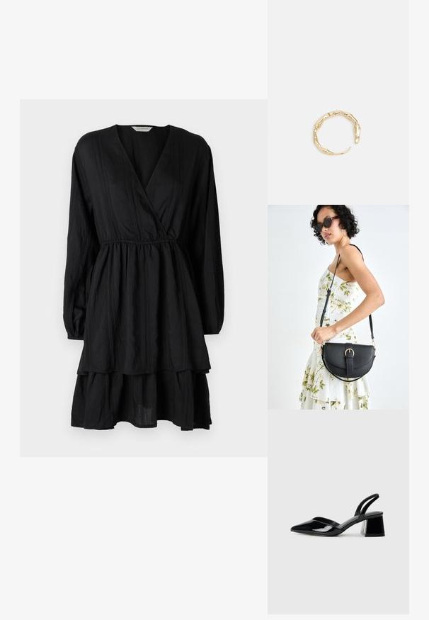 Mustaga pikkade varrukatega kleit, v-kaelusega ja kogutud vöökohaga. Omab kihilist seelikut ja peeneid tekstureeritud triibusid kogu ulatuses.; Mustad musta lakknahk kingad, millel on terav varvas ja geomeetriline plokkkonts. Omab elegantselt minimalistlikku disaini ja sujuvat tekstuuri.; Mustmust mustraha kõverate joontega, eemaldatava rihmaga ja kuldsete detailidega. Kotil on klapp, millel on pandladetail.; Kuldtoonis sõrmus, millel on orgaaniline, keerdunud disain sileda tekstuuri ja kitsenevate otstega, luues kaasaegse skulptuurilise välimuse.