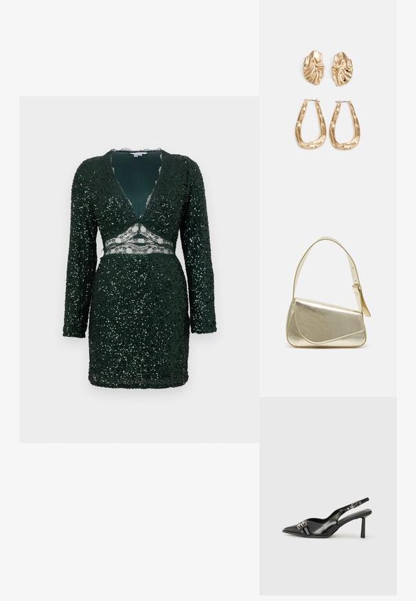Vestido verde coberto de lantejoulas com mangas longas, decote em V profundo, detalhes em renda na cintura e silhueta ajustada. Superfície texturizada e brilhante.; Sapato slingback preto em pele patentada com bico apontado, tiras no tornozelo apresentando fivelas e acessórios prateados, e um salto elegante.; Bolsa de mão metálica dourada com um design estruturado, textura suave e alça ajustável. Apresenta uma forma triangular única e costura minimalista.; Brincos em tom de ouro com formas onduladas e texturizadas. Inclui studs escultóricos com presilha e um design de argola aberta com um acabamento martelado.