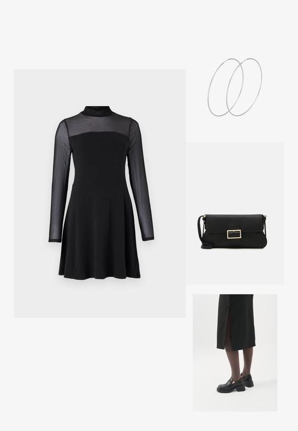 Černé šaty s vysokým výstřihem, dlouhými průsvitnými rukávy a přiléhavým tělem, které se rozšiřuje do rozšířené sukně. Vyrobeny z hladkého materiálu.; Černé kožené boty s kulatou špičkou, silným blokovým podpatkem a elastickými bočními akcenty, spárované s tmavými punčochami a černou sukní se rozparkem.; Černá kožená psaníčko s klopou a zlatým kovovým detailním sponou. Součástí je černý popruh a elegantní, minimalistický design.; Stříbrné kruhové náušnice s minimalistickým designem. Kruh, hladký povrch a tenký profil. Lehká konstrukce s lesklým povrchem.