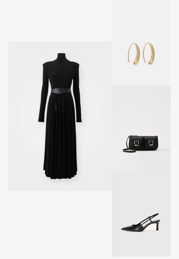 Norma Kamali SHOULDER PAD TURTLE FLARED DRESS TO MIDCALF - Vestido ligero - black; Tacón slingback negro de charol con punta afilada, que presenta un estampado de serpiente texturizado, correa ajustable y un tacón bloque corto y texturizado.; Bolso cruzado de cuero negro con dos bolsillos frontales, hebillas doradas, cierre de cremallera y una correa delgada. Superficie texturizada y forma rectangular compacta.; Pendientes de aro de metal en tono dorado con una forma curva y alargada. Presentan una superficie lisa y brillante y una punta redondeada para mayor detalle.
