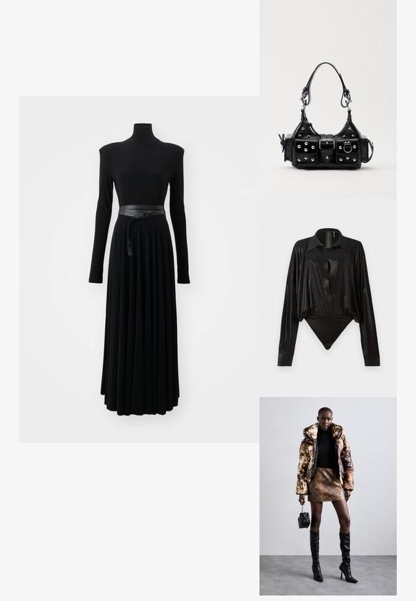 Norma Kamali SHOULDER PAD TURTLE FLARED DRESS TO MIDCALF - Žerzejové šaty - black; Černý body s dlouhými rukávy, výstřihem do V a přiléhavým střihem. Vyrobeno z lesklého, hladkého materiálu se strukturovaným límcem a manžetami.; Puffa bunda s hnědým a černým vzorem, zkombinovaná s hnědou mini sukní s hadím vzorem, černými vysokými botami a malou černou taškou.; Černá kožená kabelka s křivkovým designem, zdobená stříbrnými hřebíky, s přezkou a dvěma bočními kapsami. Nastavitelný popruh pro různé možnosti nošení.