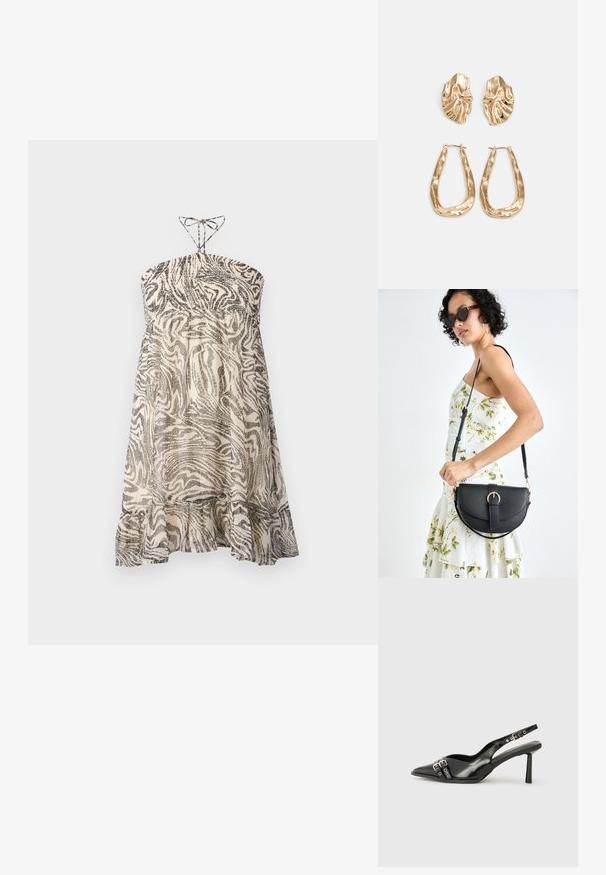 Uten stropper kjole laget av lett stoff, med et svart og kremfarget svirrende zebra-mønster og en volangkant nederst.; Sorte patentlær slingback-sko med spiss tå, ankelremmer med sølvspenner og detaljer, og en slank hæl.; Svart lærveske med en buet form, avtagbar stropp og gullbeslag. Vesken har et klaff med spenne-detall.; Gullfargede øredobber med teksturerte, bølgete former. Inkluderer skulpturelle klipsstuds og åpen hoop-design med en hamret finish.